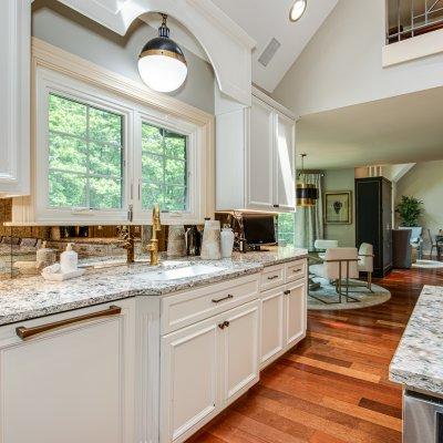 kitchen with eating area behind