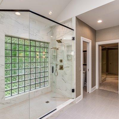 main bathroom glass block wall in shower