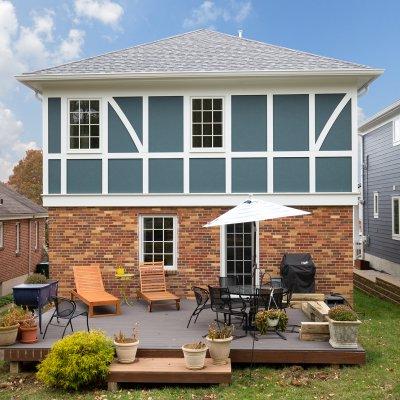 Rear exterior second floor addition Mt. Lookout brick, Tudor style trim  